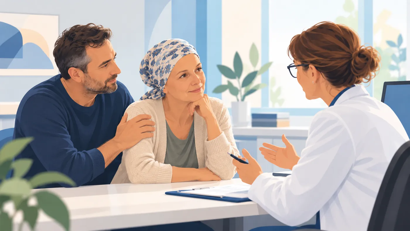 Un proche accompagne une patiente en consultation avec l’oncologue