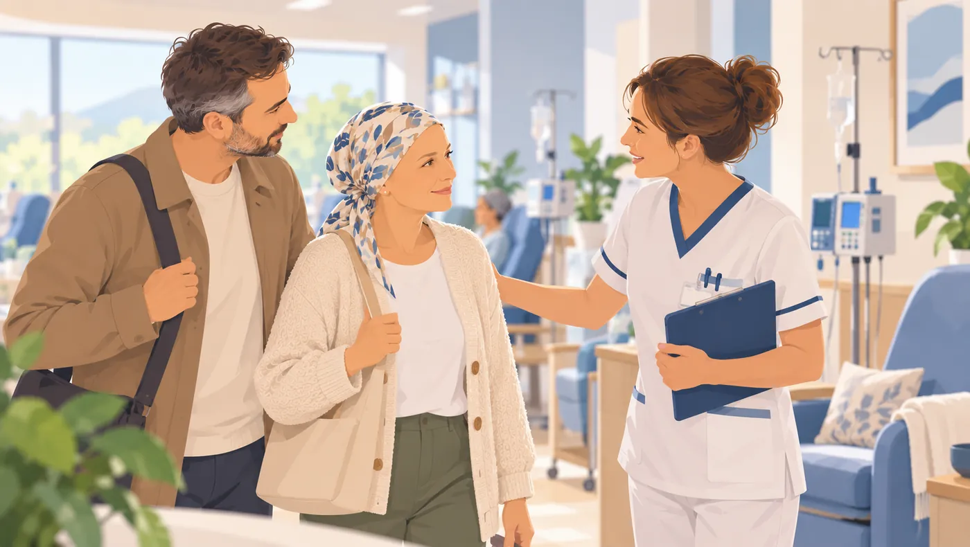 Un proche accompagne une patiente à l’hôpital de jour